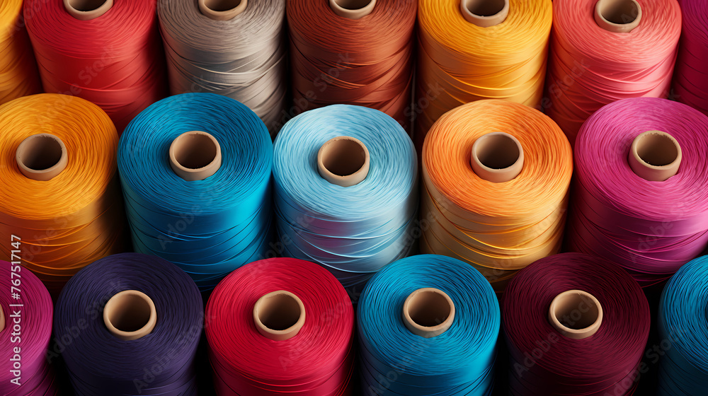 Spools of colorful yarn arranged in a pattern, textile industry Spools of colorful yarn arranged in a pattern, textile industry
