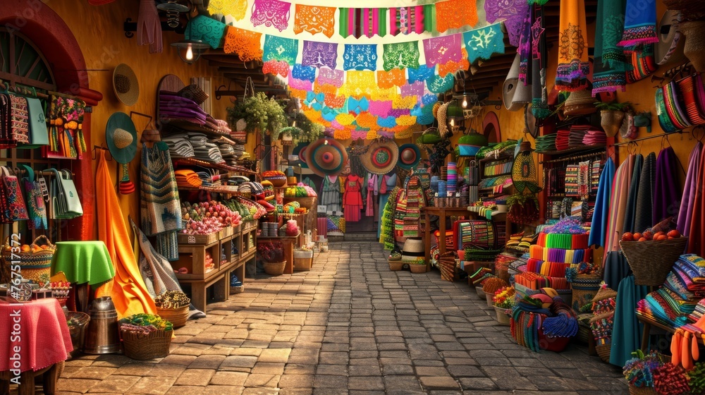 A  vibrant Mexican mercado (market) filled with colorful fabrics and Cinco de Mayo decorations. 