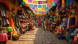 A  vibrant Mexican mercado (market) filled with colorful fabrics and Cinco de Mayo decorations. 