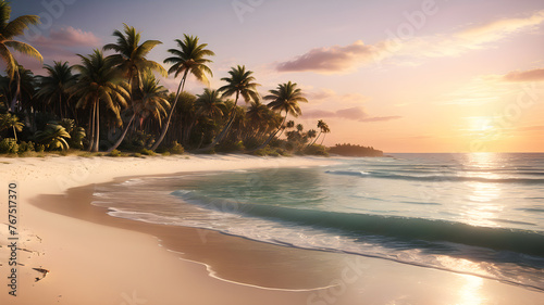 A tranquil beach at sunset  with pastel skies casting a warm glow over the gentle waves and palm trees swaying in the breeze