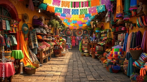 A  vibrant Mexican mercado (market) filled with colorful fabrics and Cinco de Mayo decorations. 