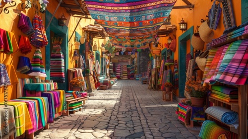A vibrant Mexican mercado (market) filled with colorful fabrics and Cinco de Mayo decorations. 