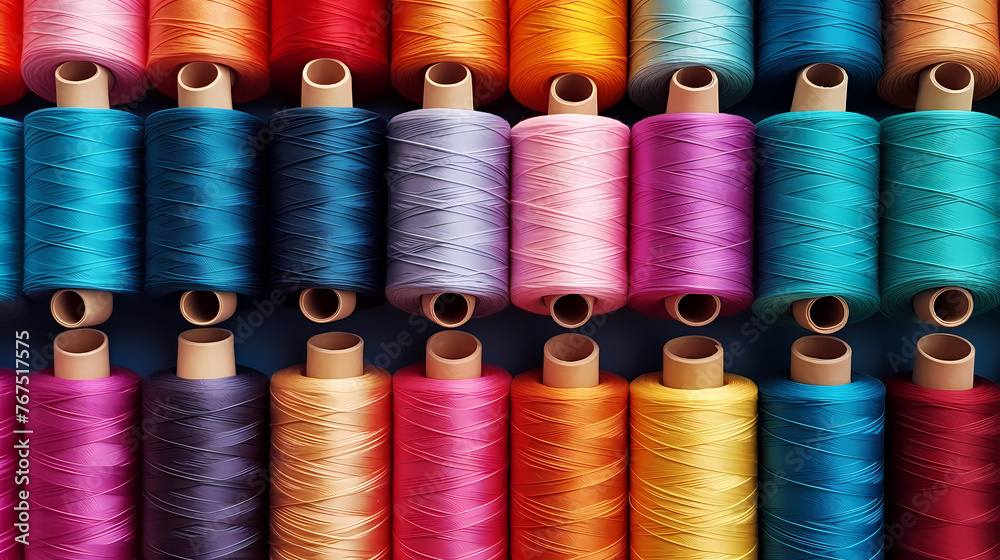 Spools of colorful yarn arranged in a pattern, textile industry