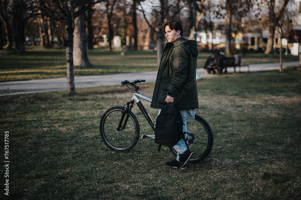 A serene day out, a man with his bicycle takes in the calmness of the park, embodying leisure and relaxation.