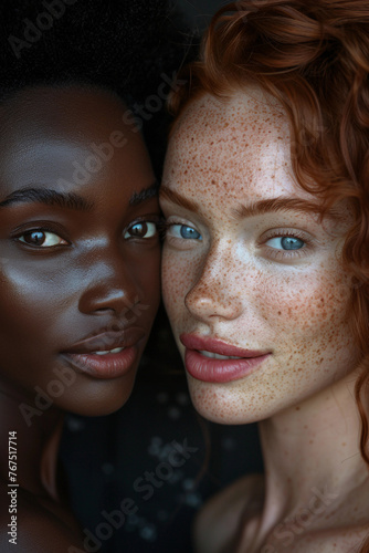 Close up fashion portrait two different races women hugging, black African American and white redhead with freckles touching their heads faces to each other diversity concept commercial advertising