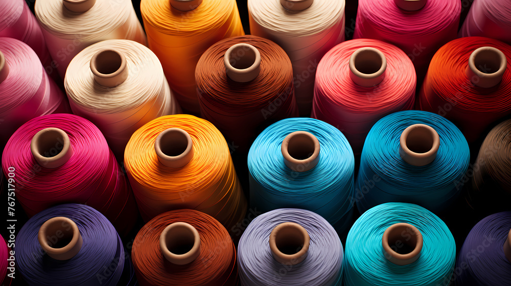 Spools of colorful yarn arranged in a pattern, textile industry Spools of colorful yarn arranged in a pattern, textile industry