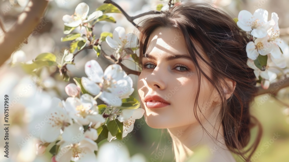 portrait of a beautiful brunette woman in a blossoming apple orchard,luxury style portrait of a beautiful brunette woman in a blossoming apple orchard,luxury style