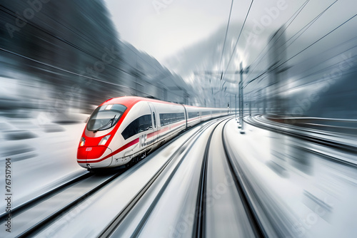 High-speed commuter train. Modern electric express train moves on railway on misty blurred background