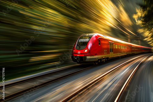 High-speed commuter train. Modern red electric express train in high speed moves on railway on blurred background