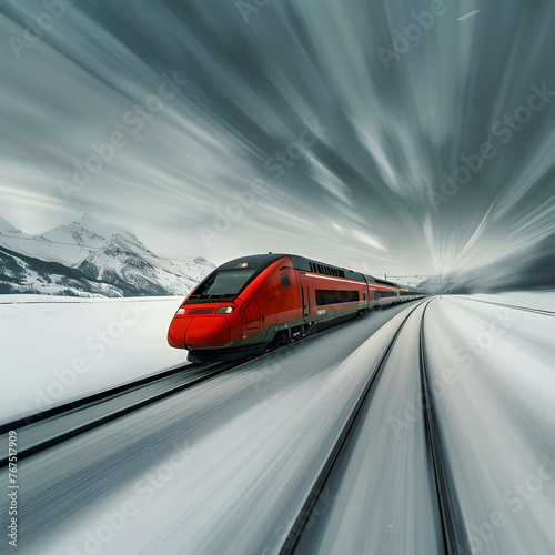 High-speed commuter train. Modern red electric express train in high speed moves on railway on blurred background