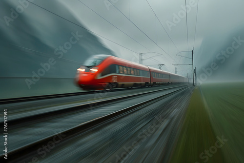 High-speed commuter train. Modern red electric express train in high speed moves on railway on blurred background