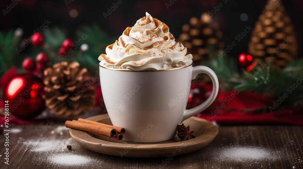 A coffee or cocoa cup adorned with whipped cream and cinnamon. Christmassy ambiance A coffee or cocoa cup adorned with whipped cream and cinnamon. Christmassy ambiance