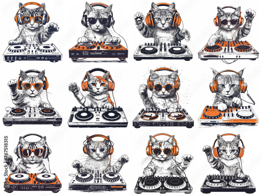 Hip Cat Party. Cats Wearing Headphones and Sunglasses for Music Jam