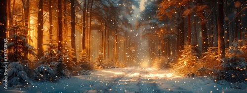 A winter wonderland with snowcovered trees, sunlight filtering through the branches in a serene natural landscape, resembling a painting of a snowy forest © RichWolf