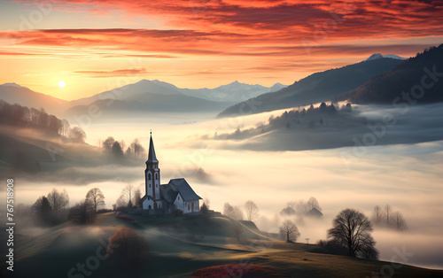 Catholic Church against the backdrop of sunrise and morning fog in the mountains. religion and christianity © photosaint