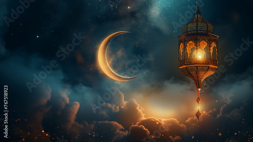 Eid Lanterns and Crescent Moon  Night Sky and Stars