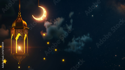 Eid Lanterns and Crescent Moon  Night Sky and Stars