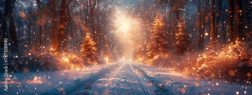 The suns warmth filters through the snowy trees in a forest, creating a magical atmosphere in the natural landscape, lighting up the whitecovered road