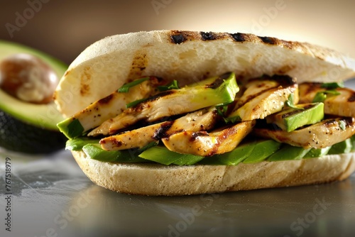Grilled chicken avocado sandwich close-up - A delicious close-up of a grilled chicken avocado sandwich on artisan bread, emphasizing taste and freshness photo