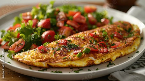Omelet with fresh salad on a white plate - An appealing image showcasing an omelet accompanied by a fresh salad with an array of tomatoes, served on a white plate