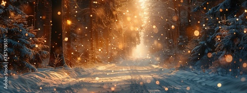 A winter landscape featuring a snowy forest with trees blanketed in snow, illuminated by a soft light filtering through the branches