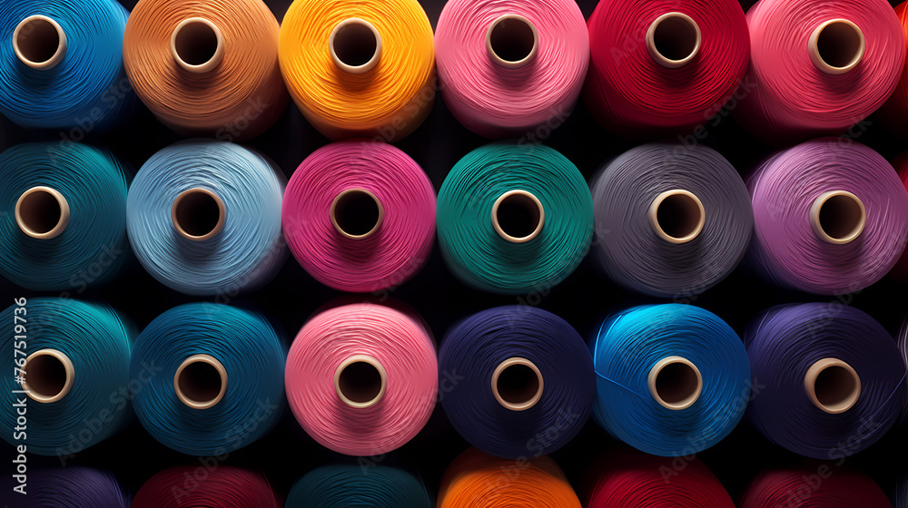 Spools of colorful yarn arranged in a pattern, textile industry Spools of colorful yarn arranged in a pattern, textile industry