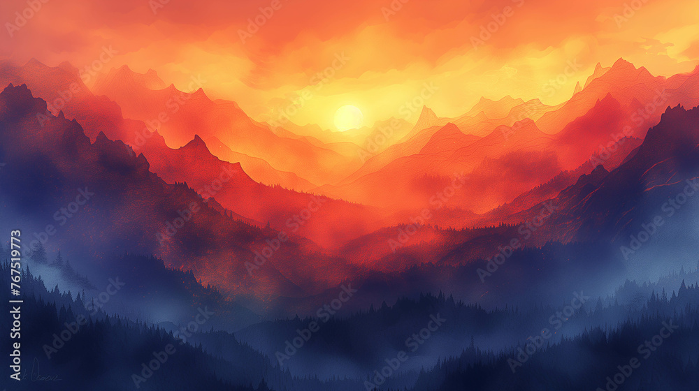 Watercolor paintings of beautiful mountain landscapes bathed in the golden light of a sunrise or sunset.