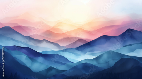 Watercolor paintings of beautiful mountain landscapes bathed in the golden light of a sunrise or sunset. © Gun