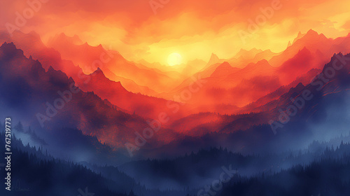 Watercolor paintings of beautiful mountain landscapes bathed in the golden light of a sunrise or sunset. © Gun