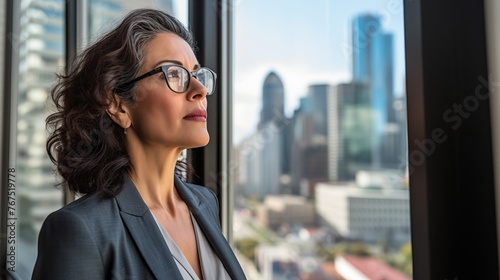 mature optimistic latina hispanic businesswoman woman female executive CEO in corporate modern office thinking contemplating and looking out window skyscraper cityscape daytime with photo