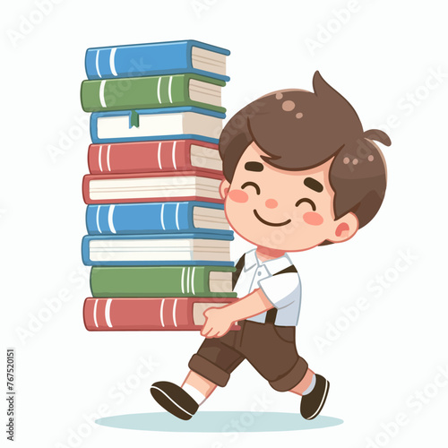 Little school children stand holding books with backpacks cartoon characters