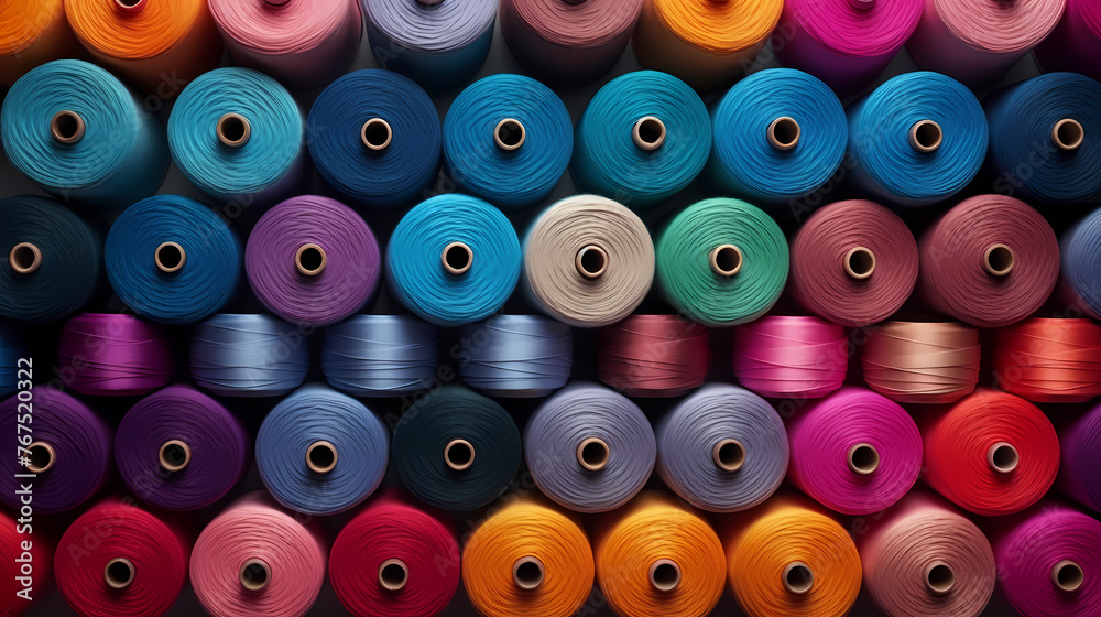 Fototapeta premium Spools of colorful yarn arranged in a pattern, textile industry
