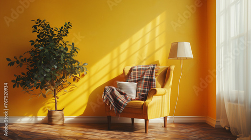 Armchair, Lamp, and Plaid near Yellow Background