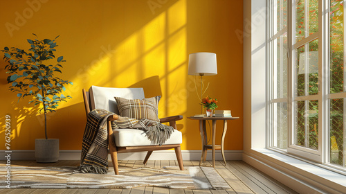 Armchair, Lamp, and Plaid near Yellow Background