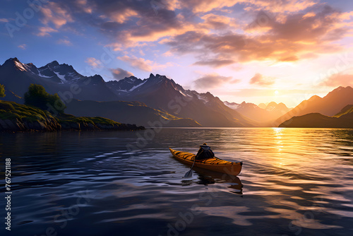 tourist floats on a yellow kayak along a river in the fjords of Norway. water sports and boat travel © photosaint