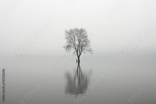 Lone tree reflected in a foggy lake