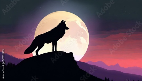 Illustration of a wolf on top of a hill and a full moon in the background.
