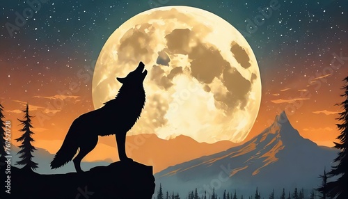 A wolf howling at the moon. Full moon in the background of the image.
 photo