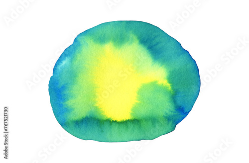 Artistic yellow, green and blue planet Earth colors gradient liquid watercolor round shape. Abstract painting watercolour textured circle, nature illustration, geography concept