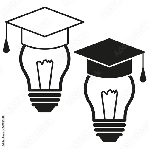 Light bulb with graduation cap. Education idea concept. Knowledge and creativity symbol. Academic success metaphor. Vector illustration. EPS 10.