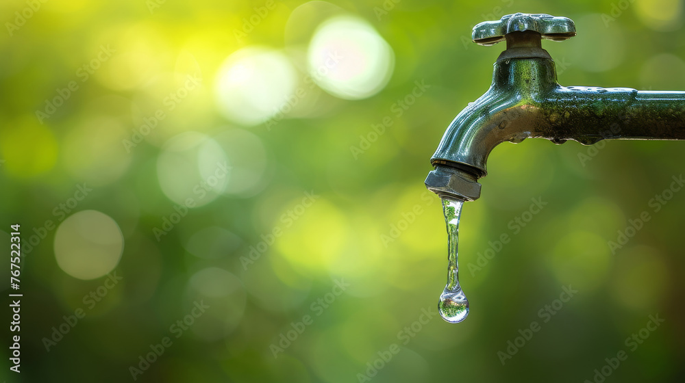A tap is dripping water, and the water is falling in a steady stream a blurred natural background A tap is dripping water, and the water is falling in a steady stream a blurred natural background