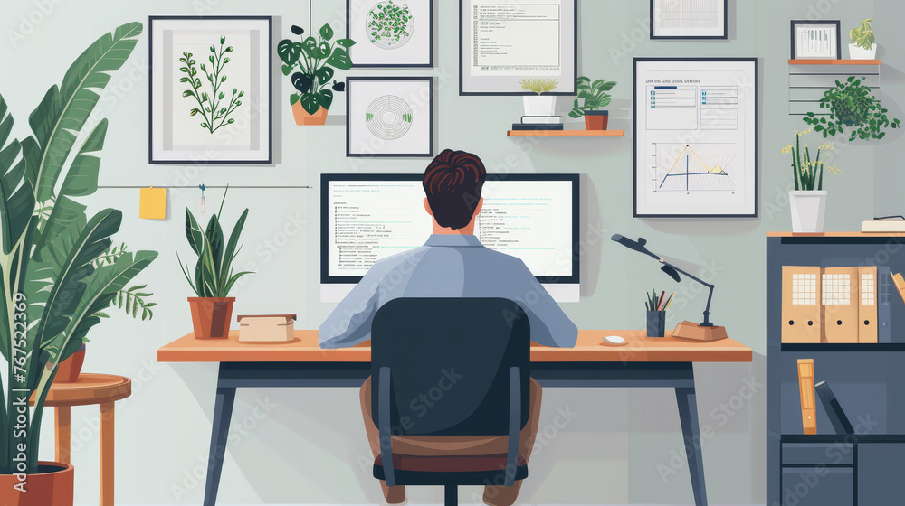A man is sitting at a desk with a computer monitor, work from home A man is sitting at a desk with a computer monitor, work from home
