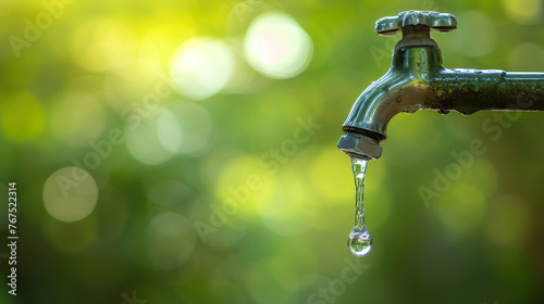 A tap is dripping water, and the water is falling in a steady stream a blurred natural background