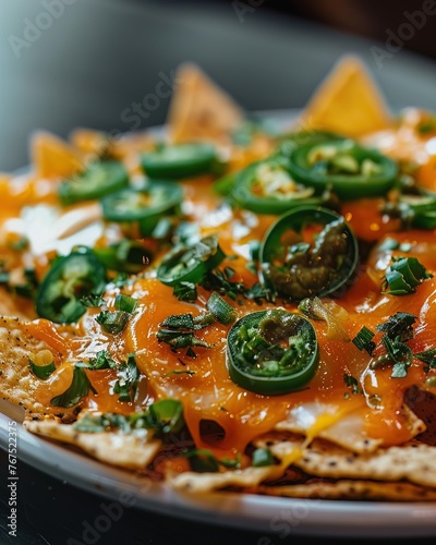 A plate of nachos with neon cheese and jalapeA os, glowing enticingly in a closeup shot photo