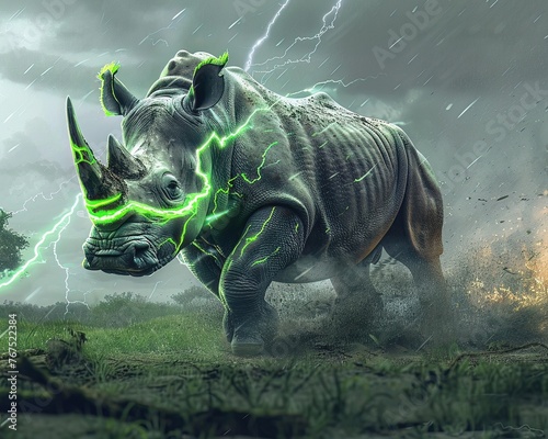 A rhino with a neon green power horn, charging in an African savanna during a thunderstorm © Shutter2U
