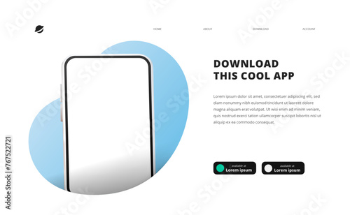page banner advertising for downloading app for mobile phone smartphone Download buttons template 3D cartoon perspective phone with blob background
