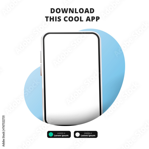 page banner advertising for downloading app for mobile phone smartphone Download buttons template 3D cartoon perspective phone with blob background