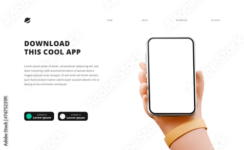 page banner advertising for downloading app for mobile phone smartphone Download buttons template 3D cartoon cute Hand holding phone