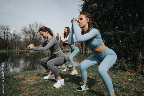 Three women sporting active wear engage in a fitness routine, doing squats in a serene park setting.