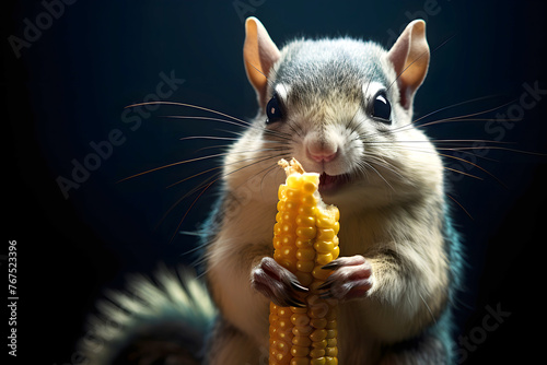 mouse hamster squirrel gnaws and eats corn. rodents and pests. fauna and biology